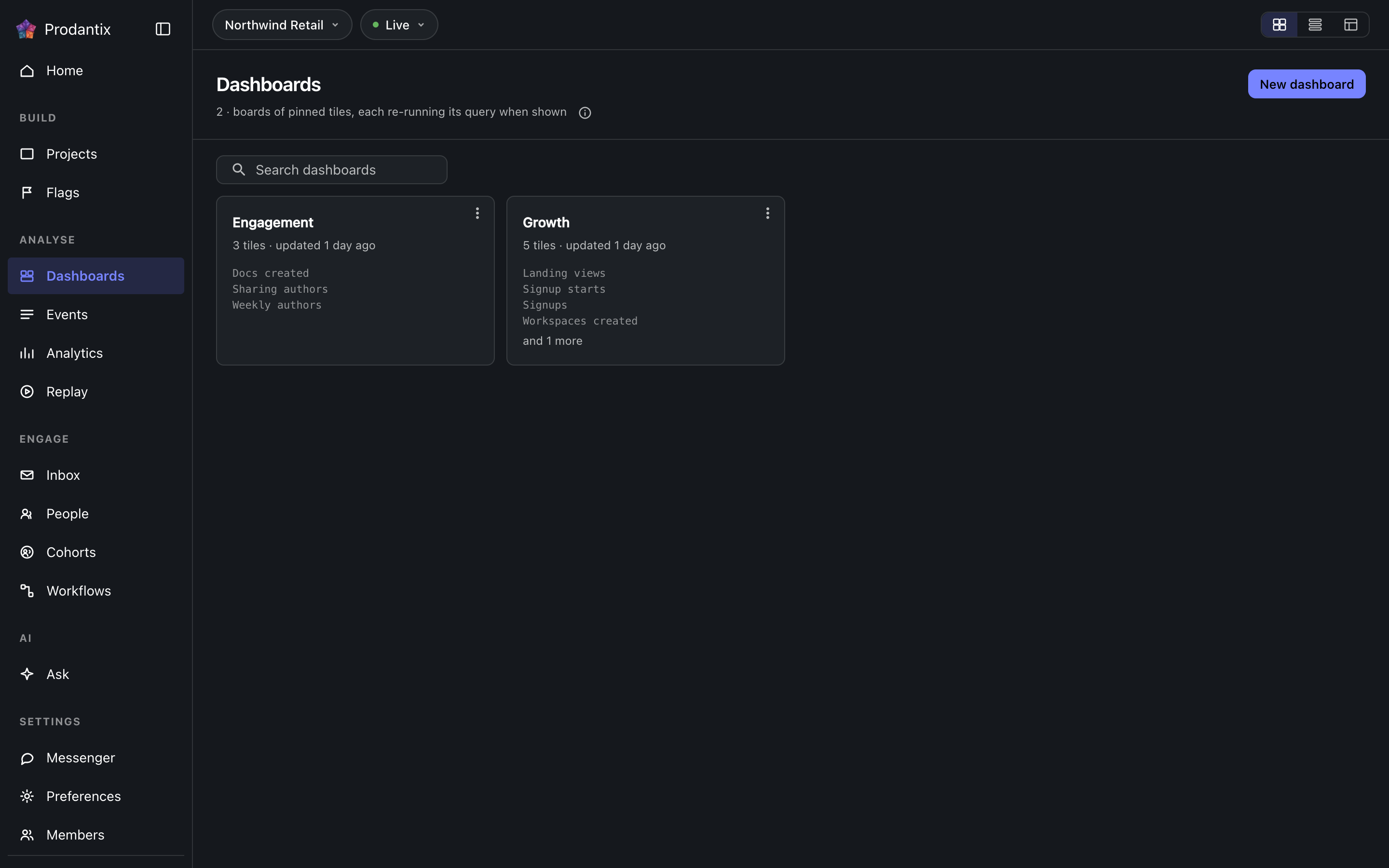 The dashboards library in the Live environment, dark theme