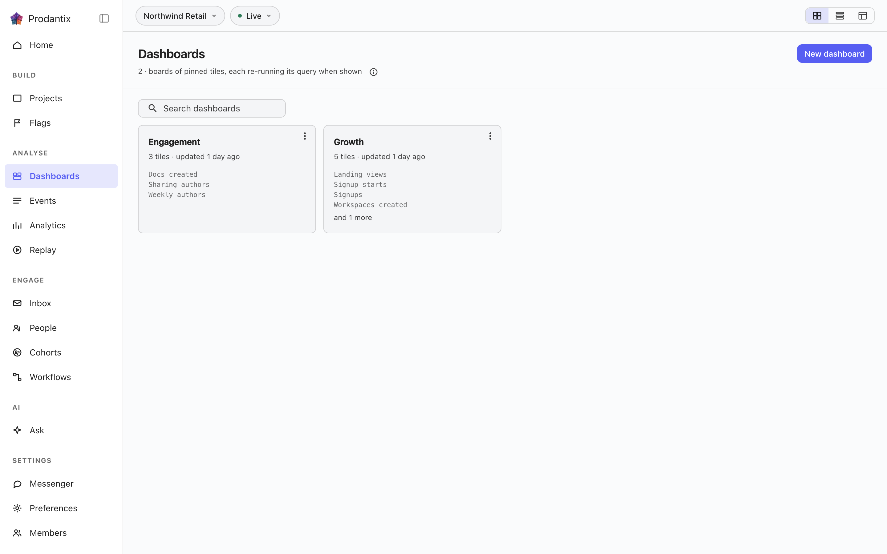 The dashboards library in the Live environment