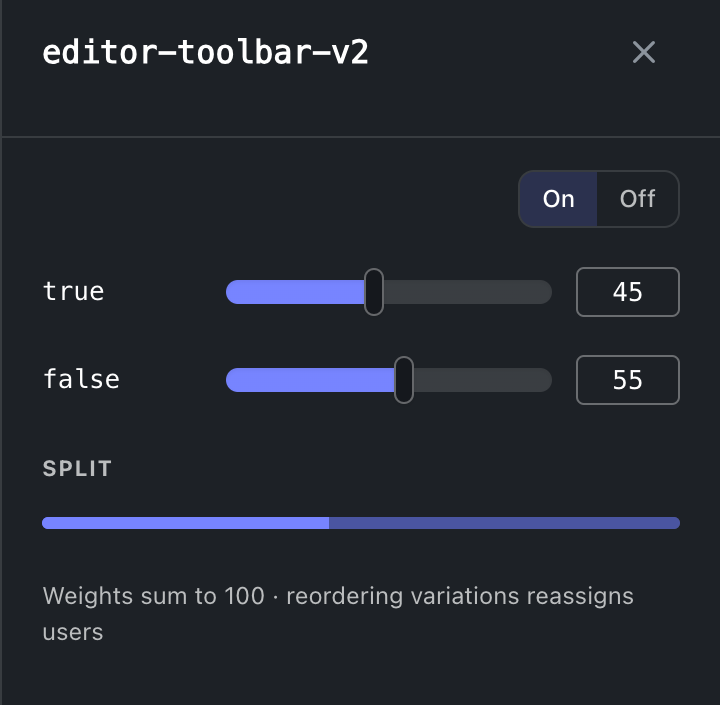 A flag opened from the grid: state and split, dark theme