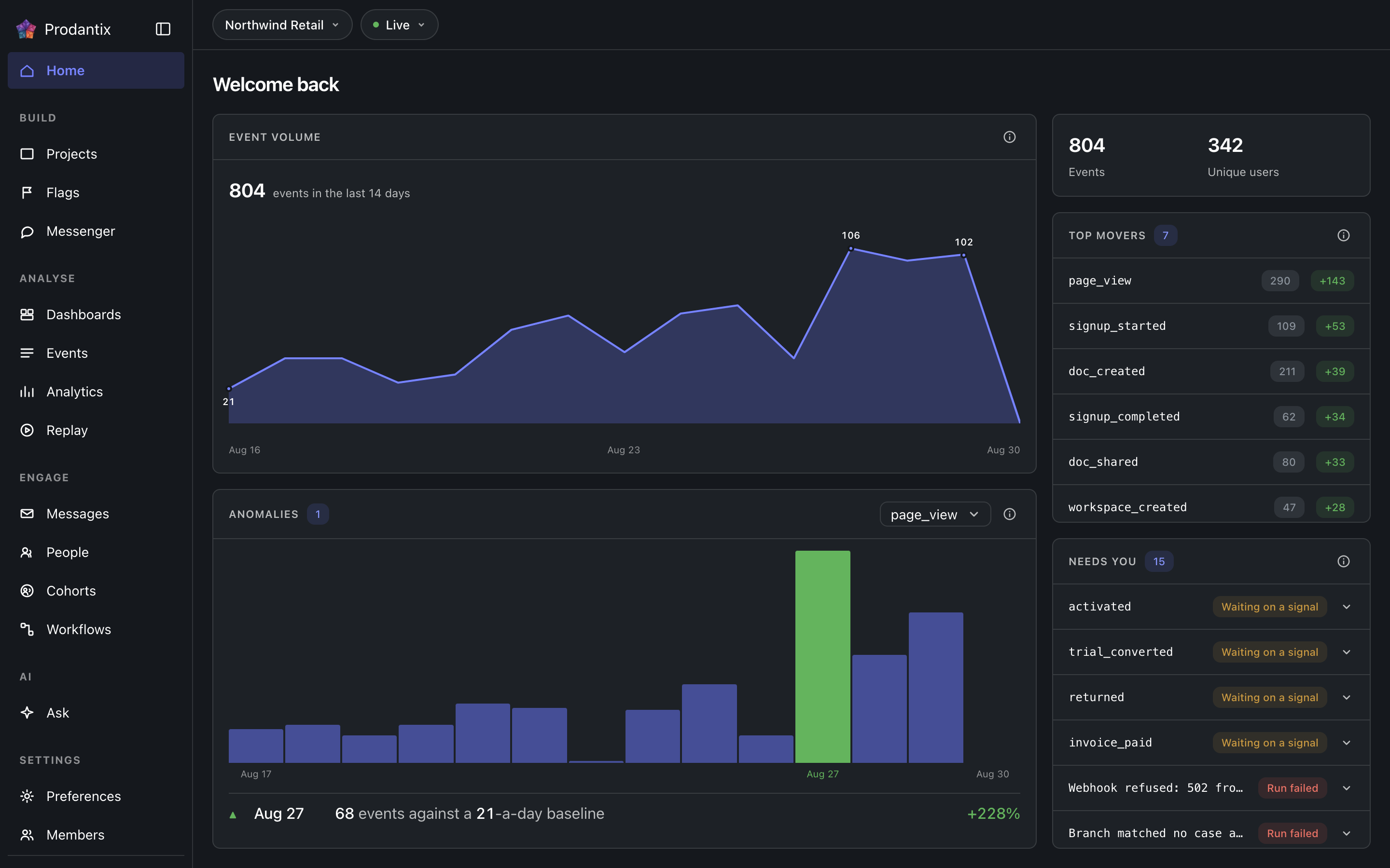 The Home screen in the Live environment, dark theme
