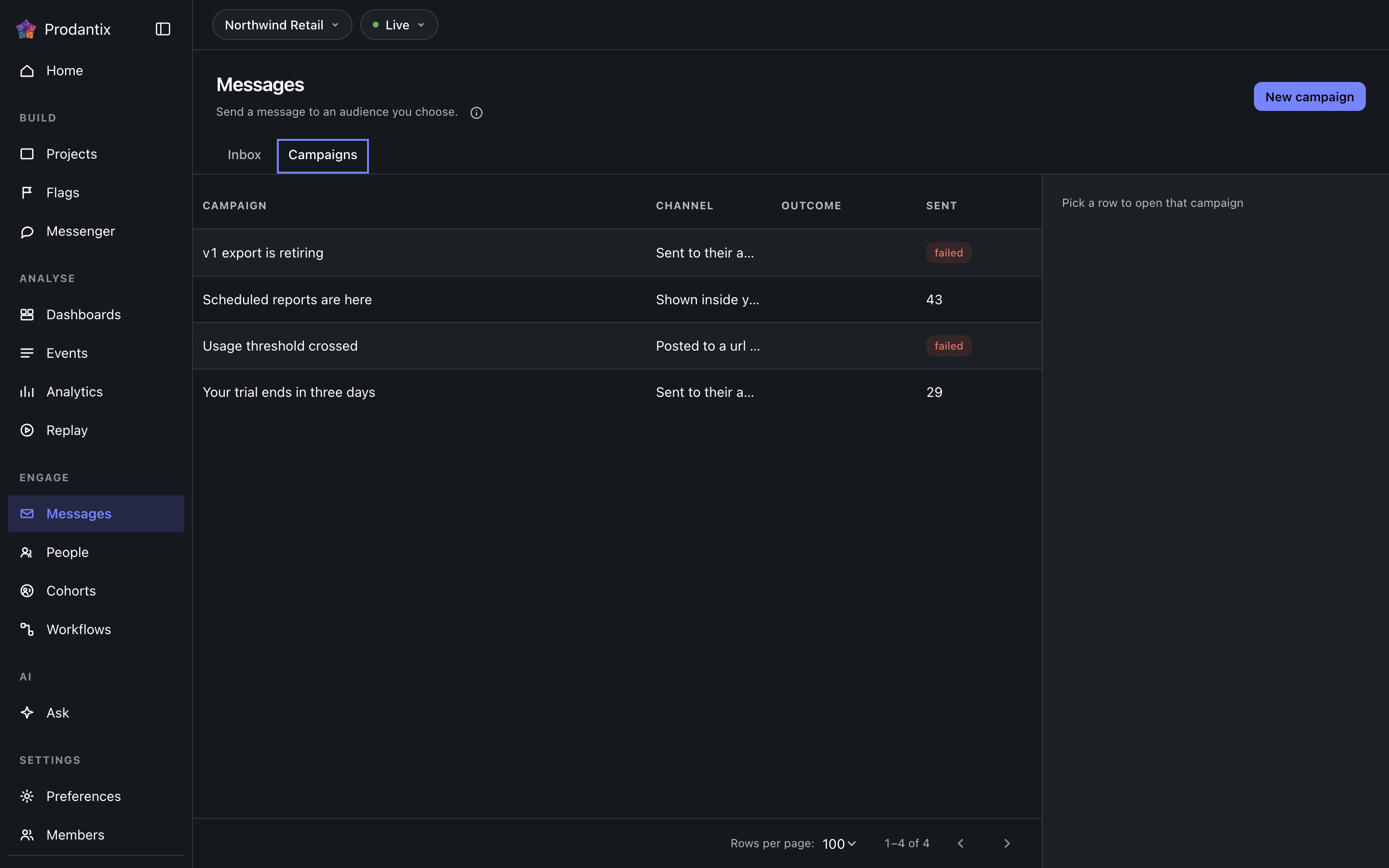 The campaigns tab, dark theme