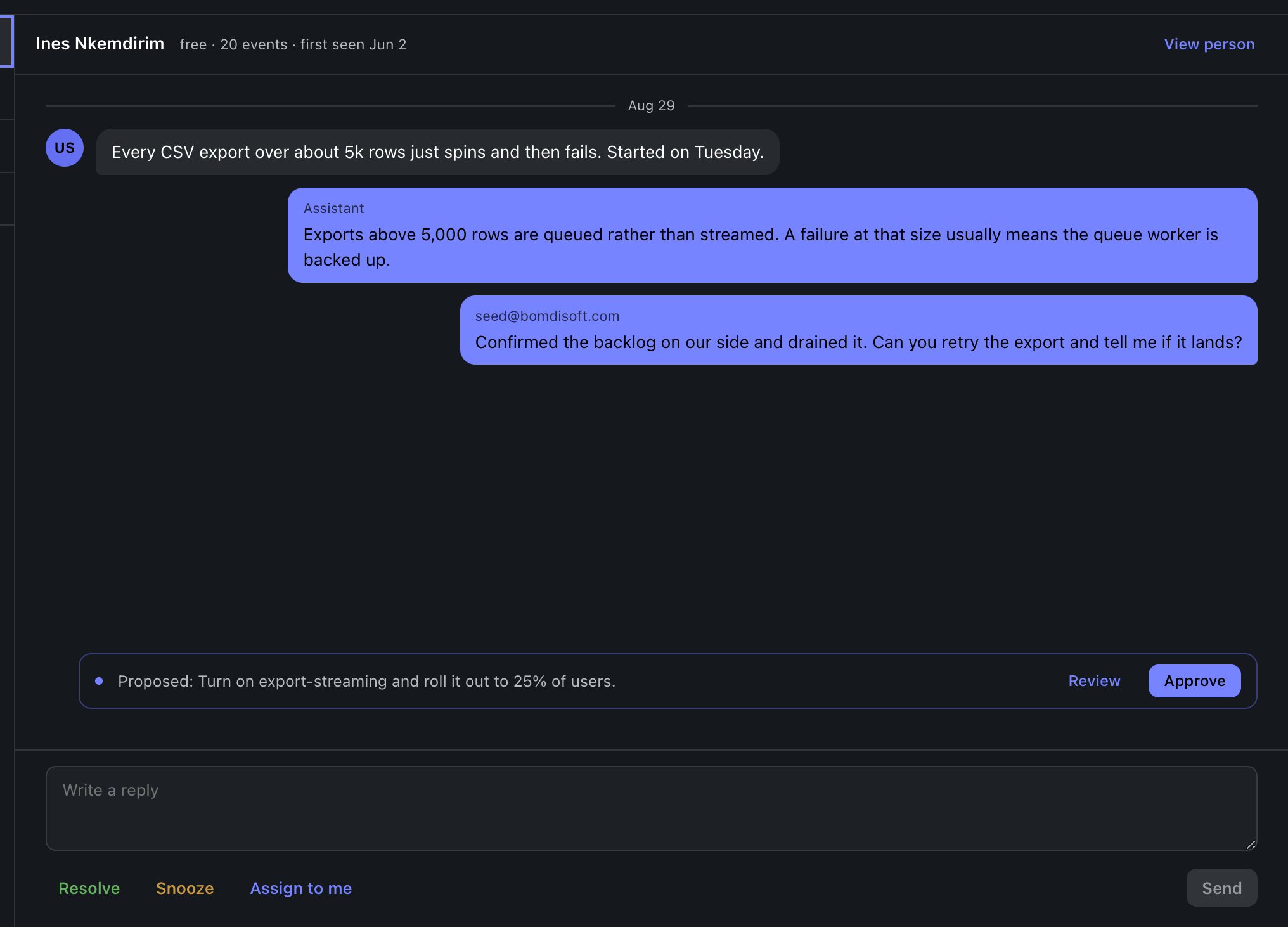 A conversation opened to its turns, dark theme