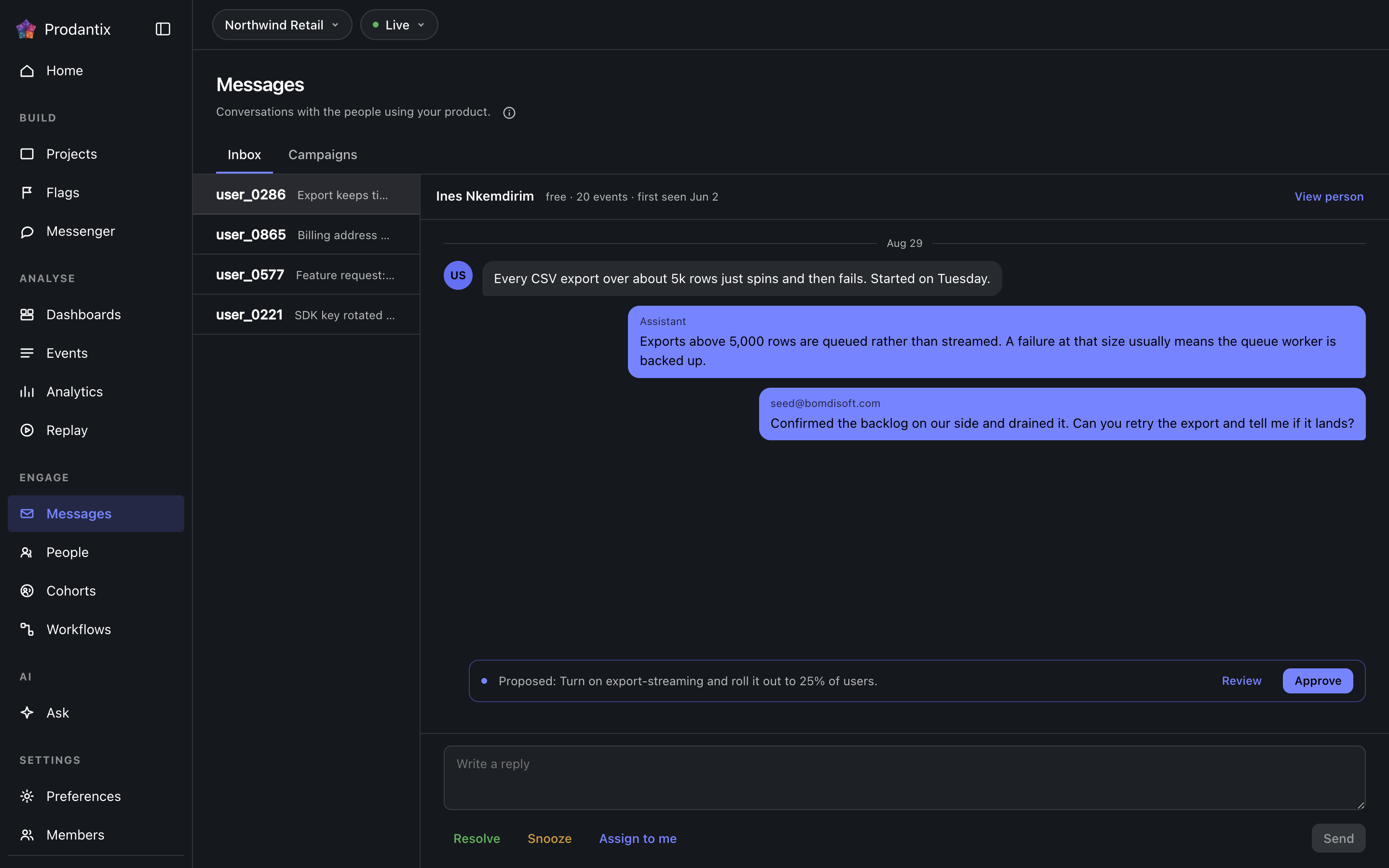 An open conversation in the Prodantix inbox, with a proposed action