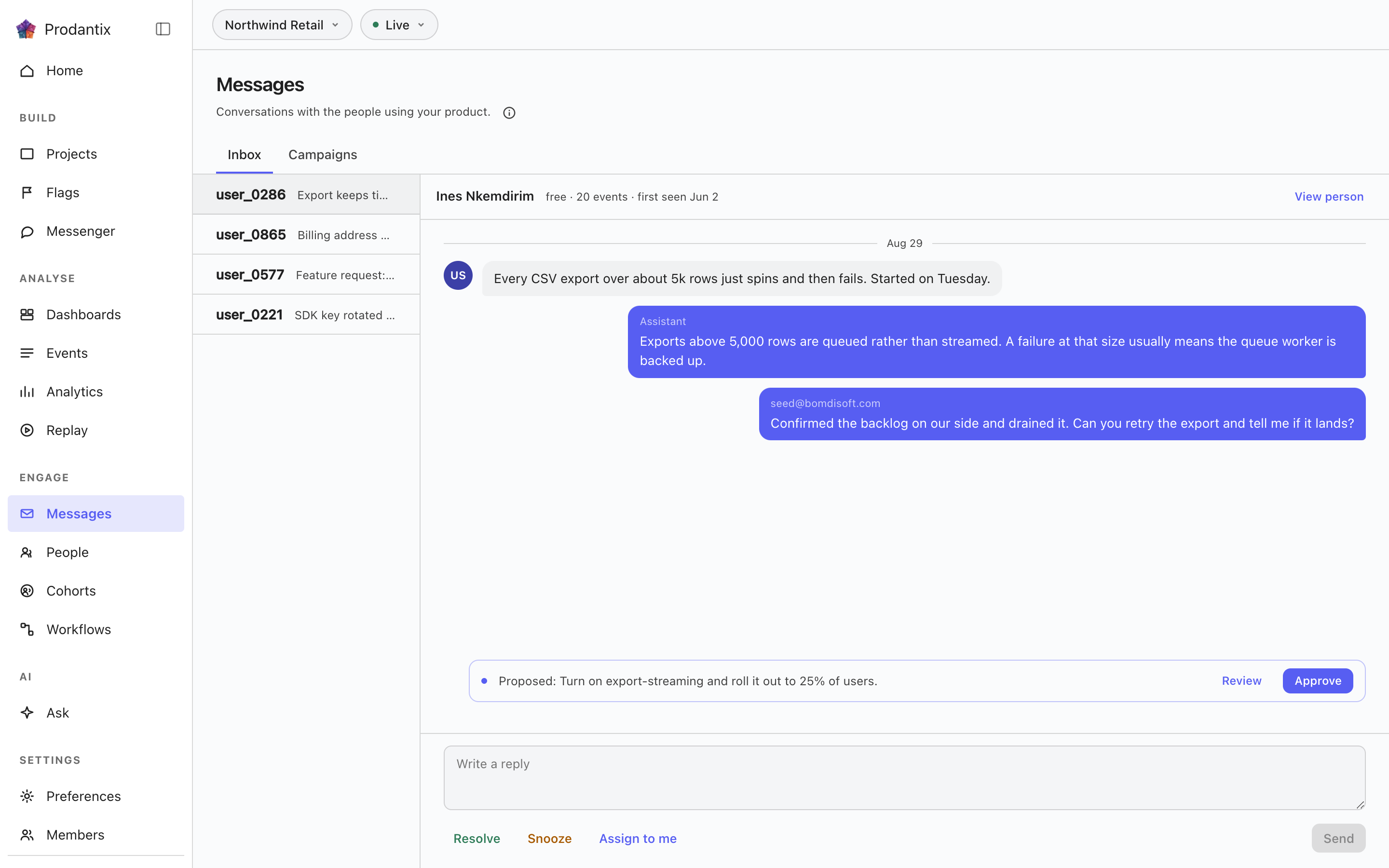 An open conversation in the Prodantix inbox, with a proposed action