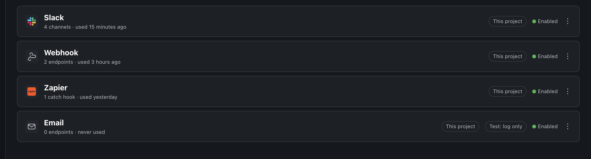 The connected rows: each connection, its destination count and when it was last used, dark theme