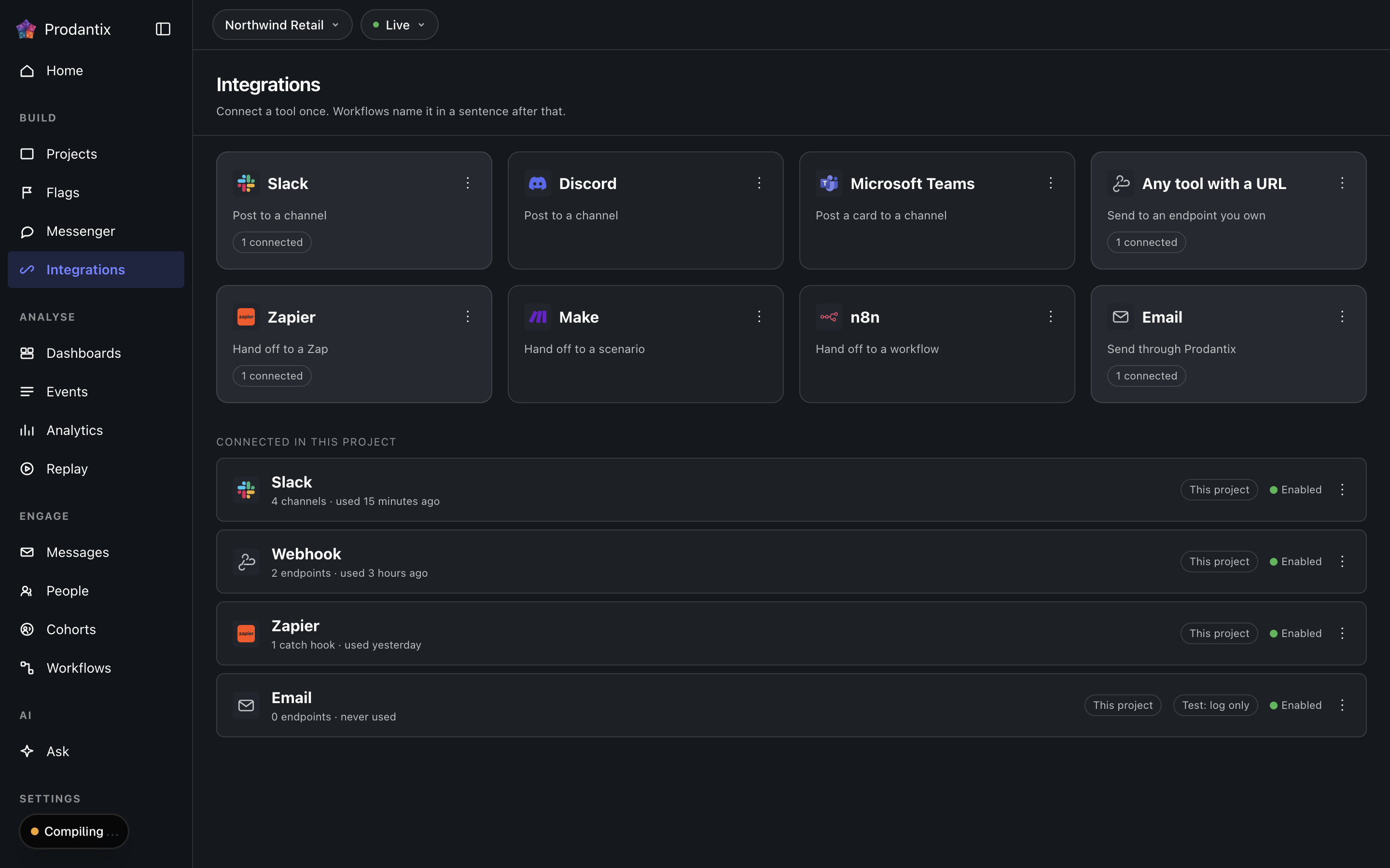 The Integrations screen in the Live environment, dark theme