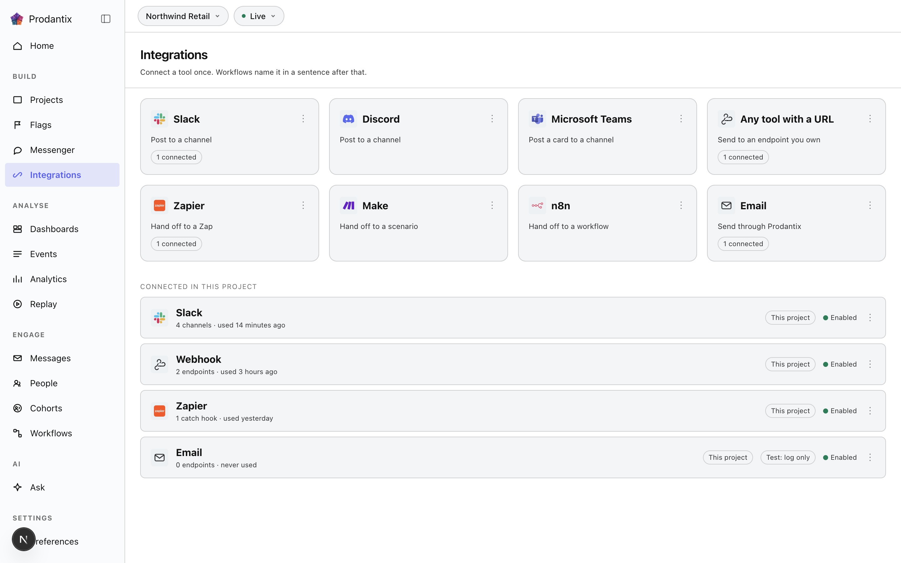 The Integrations screen in the Live environment