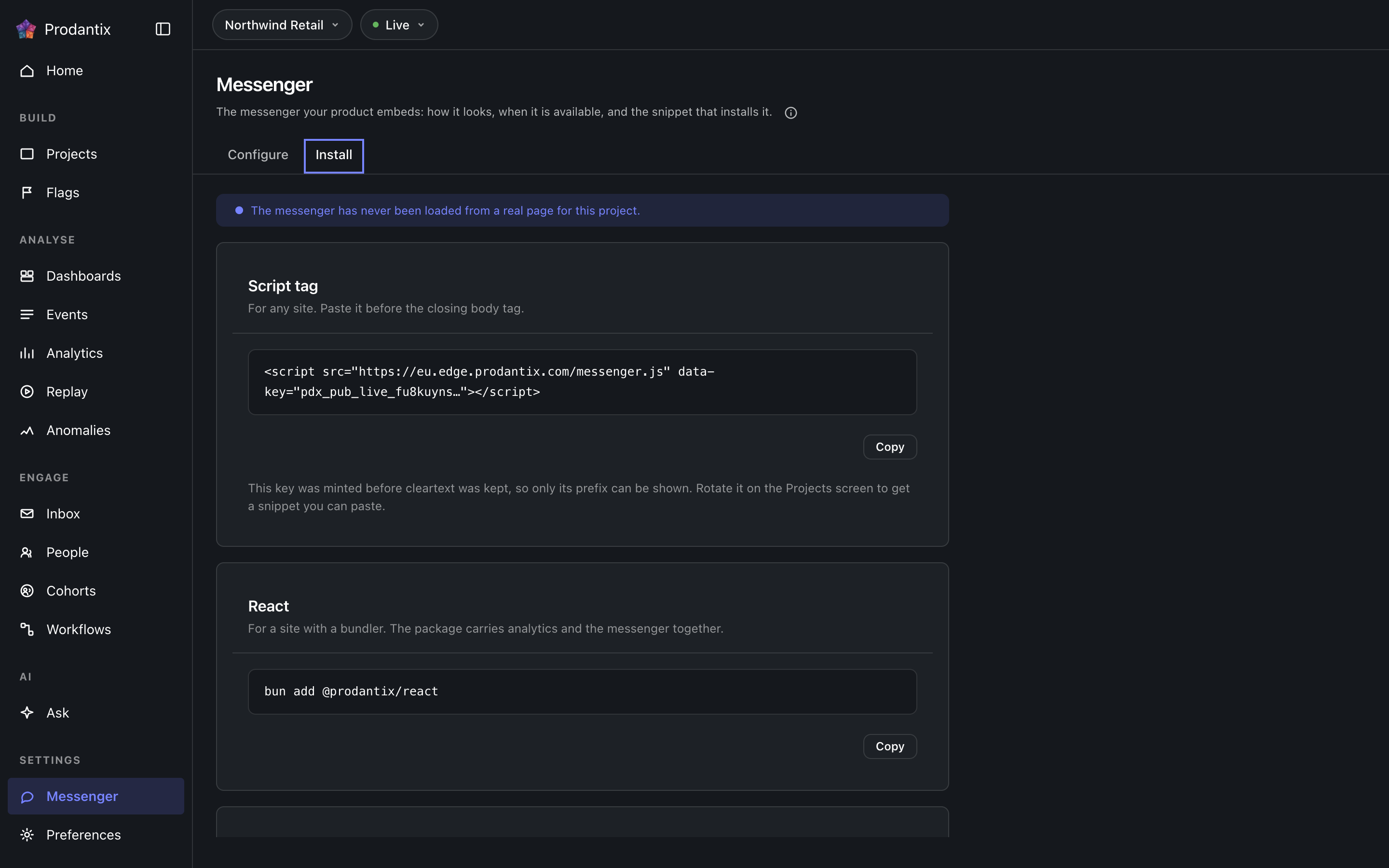 The messenger install tab, dark theme