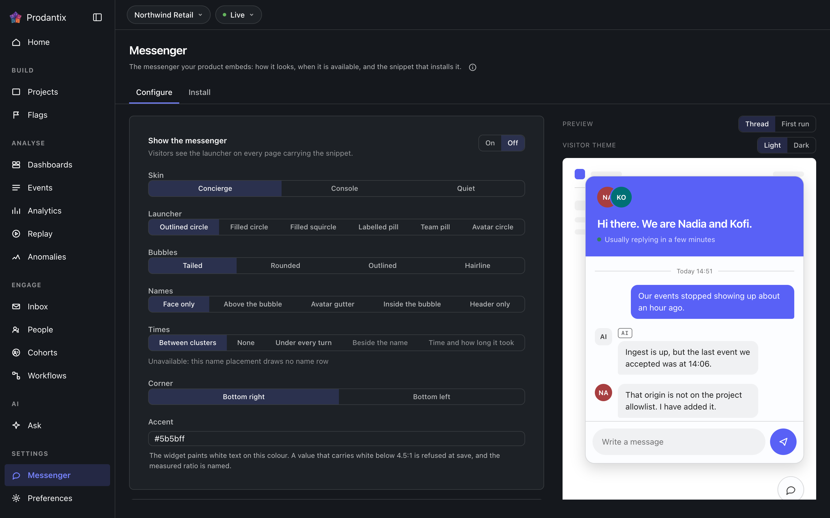 The messenger settings, configure tab, dark theme