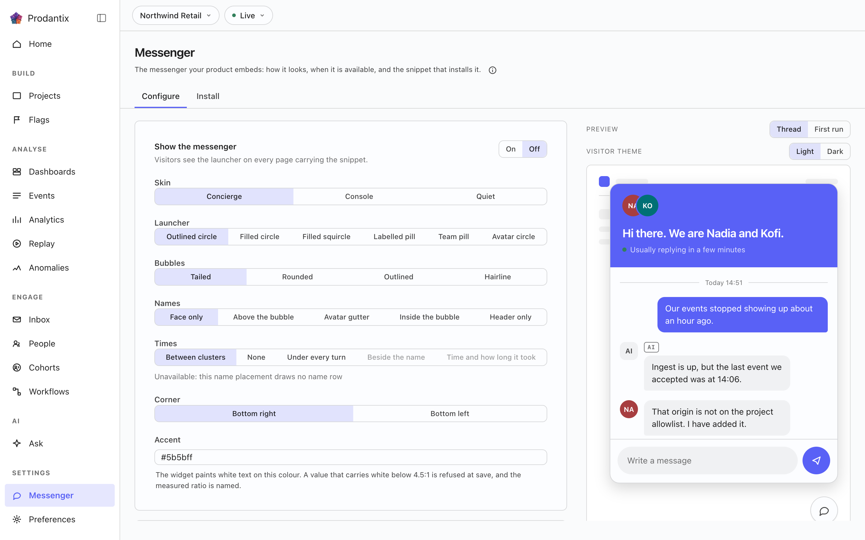 The messenger settings, configure tab