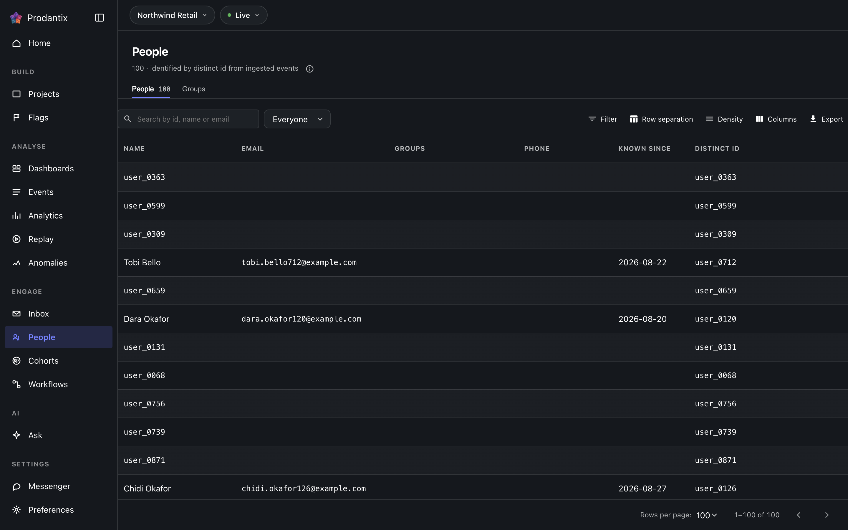 The people screen in the Live environment, dark theme