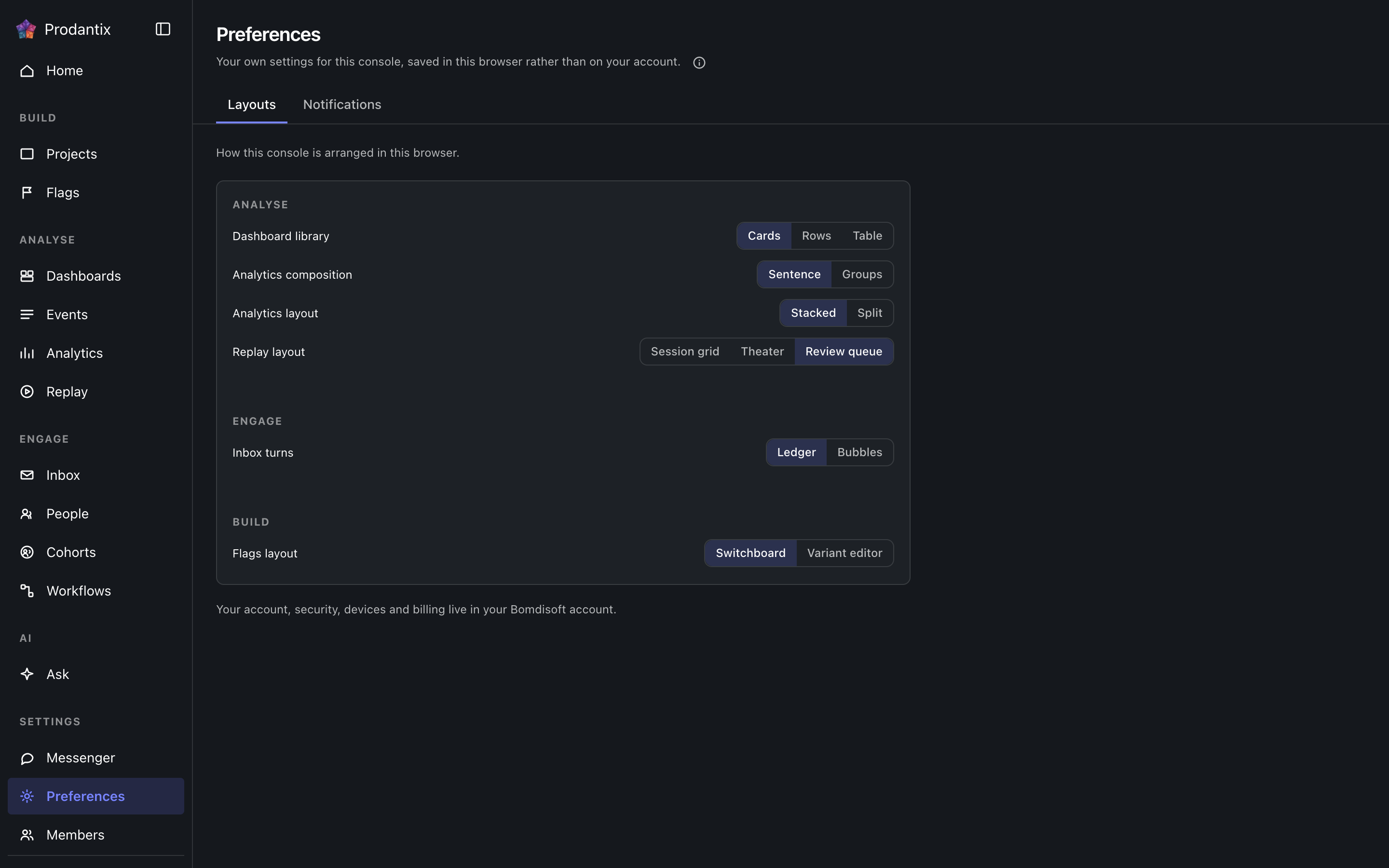 The preferences screen, Layouts tab, dark theme