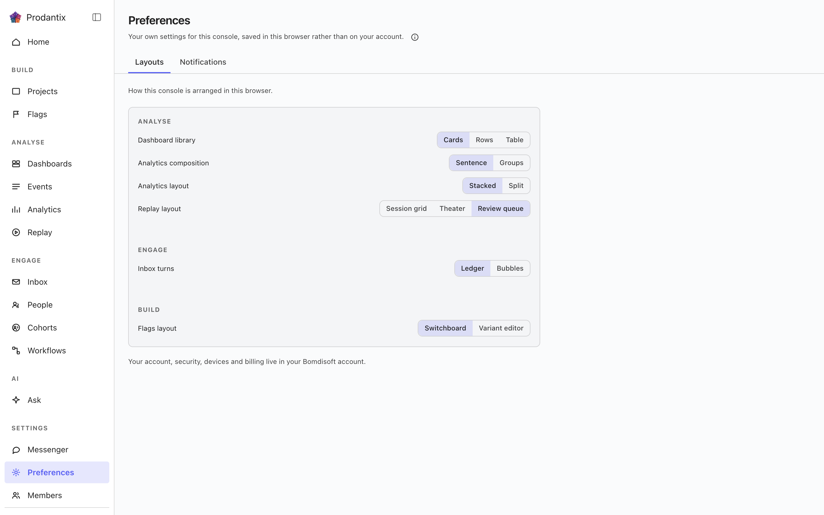 The preferences screen, Layouts tab