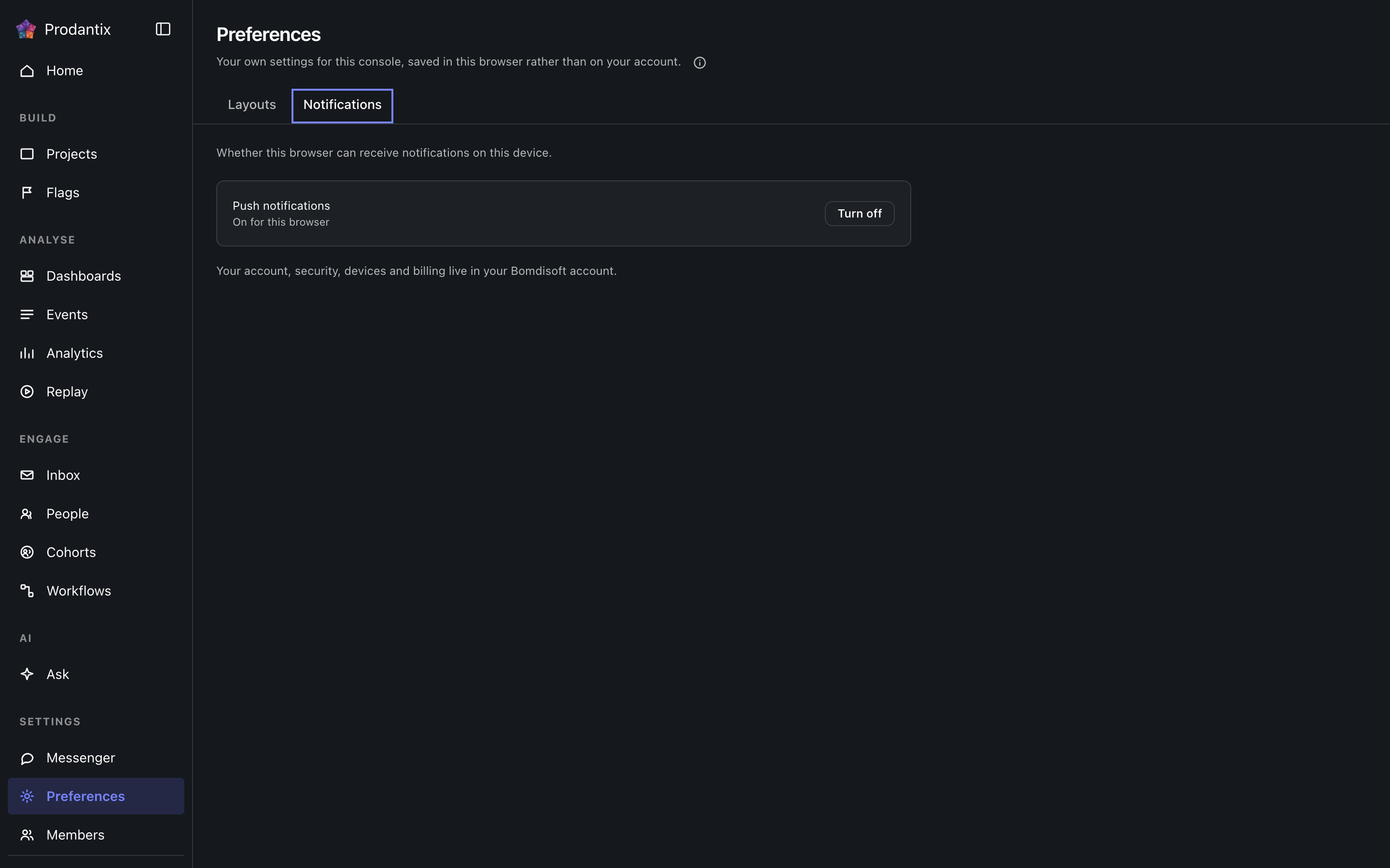 The preferences screen, Notifications tab, dark theme
