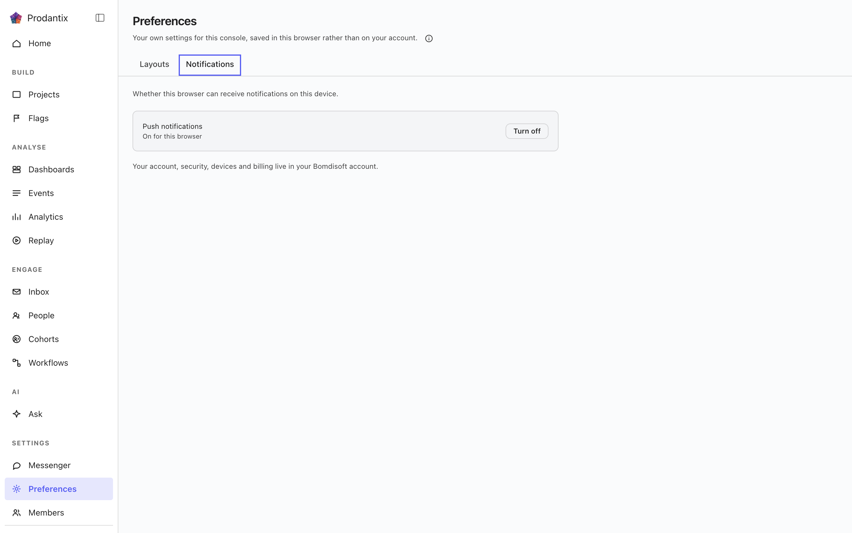 The preferences screen, Notifications tab