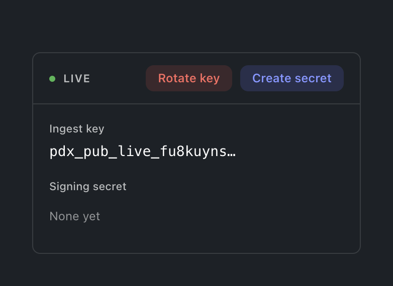 A project opened to its current environment card, credentials masked, dark theme