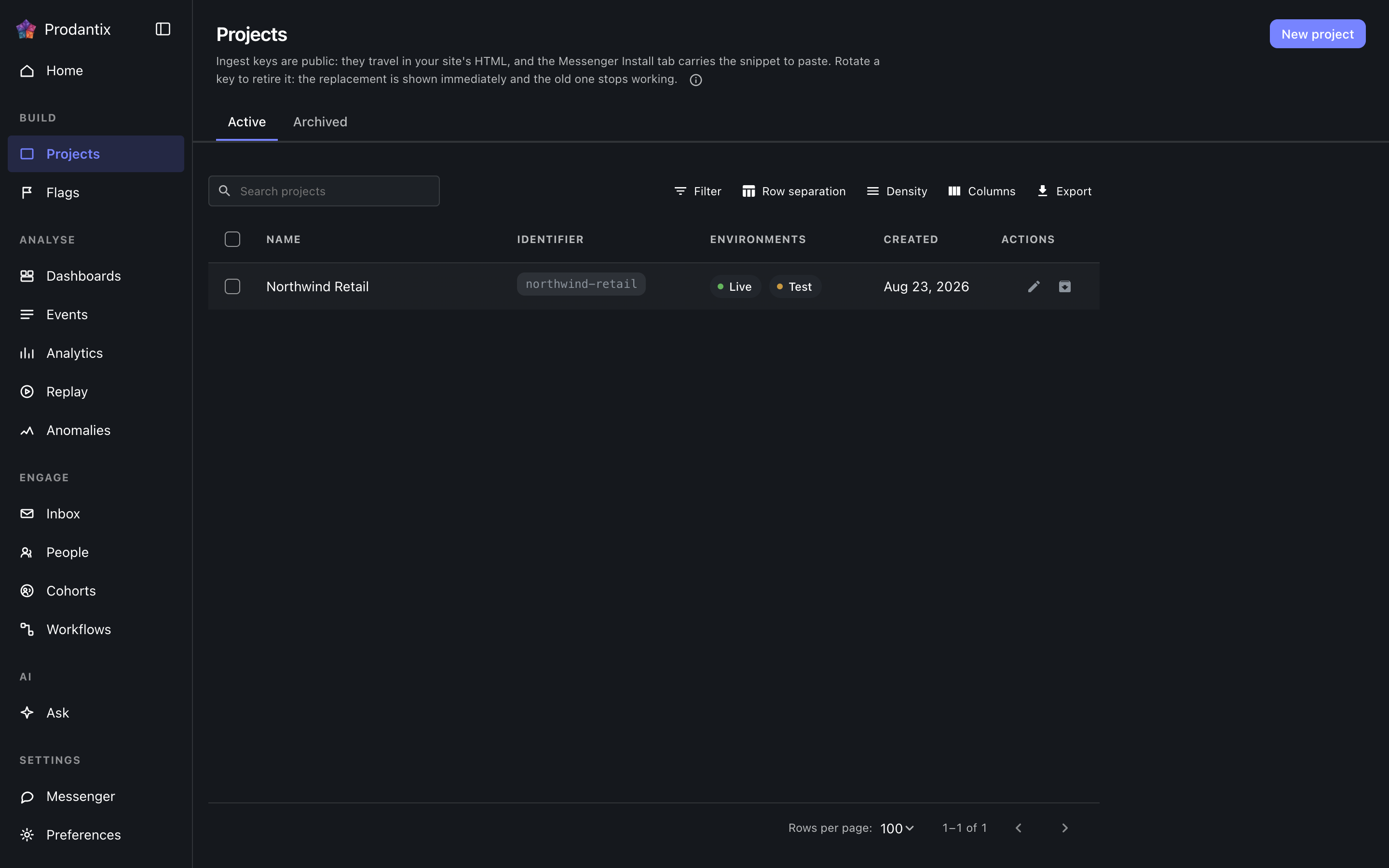 The projects screen in the Live environment, dark theme