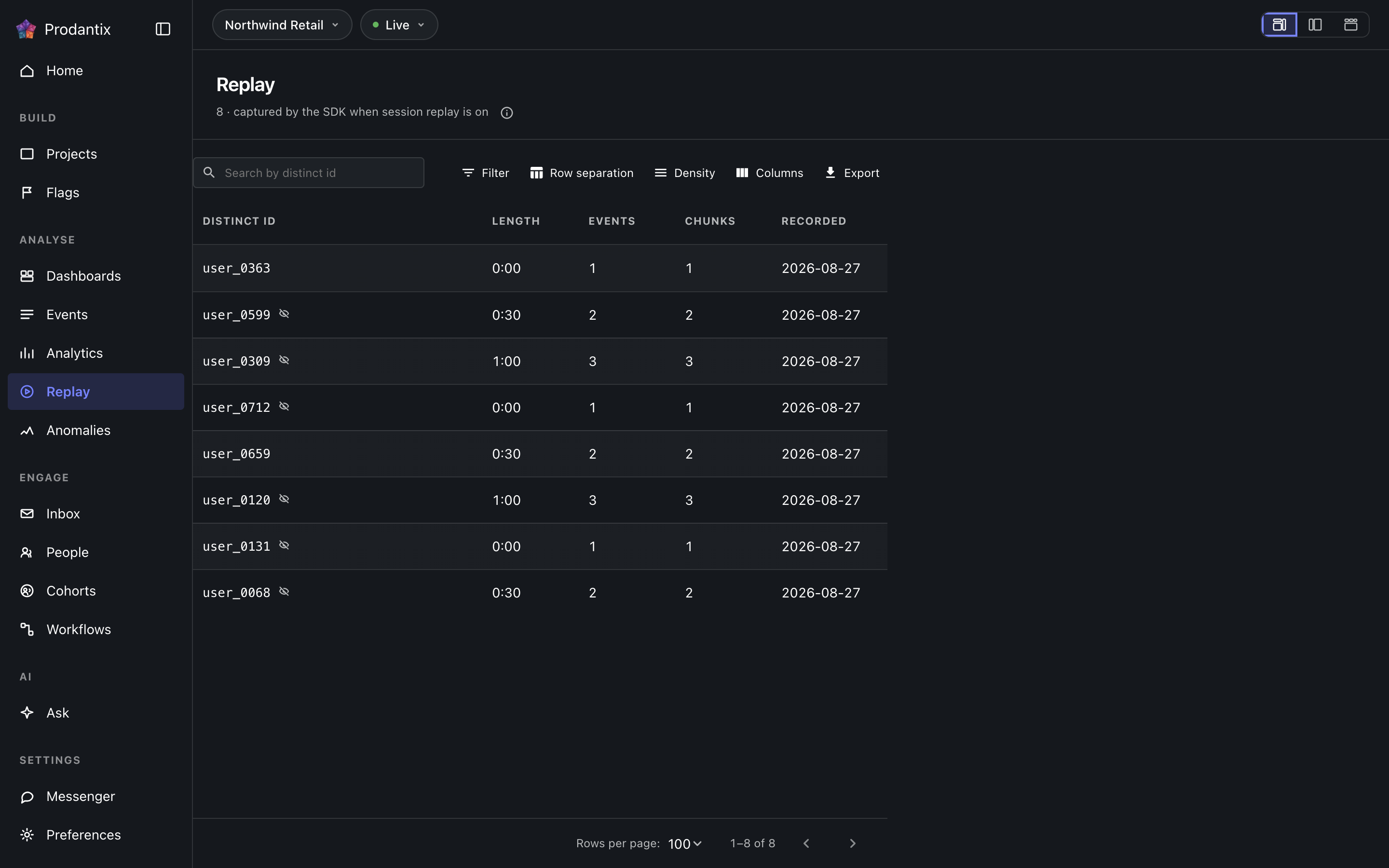 The replay screen in the grid arrangement, Live environment, dark theme