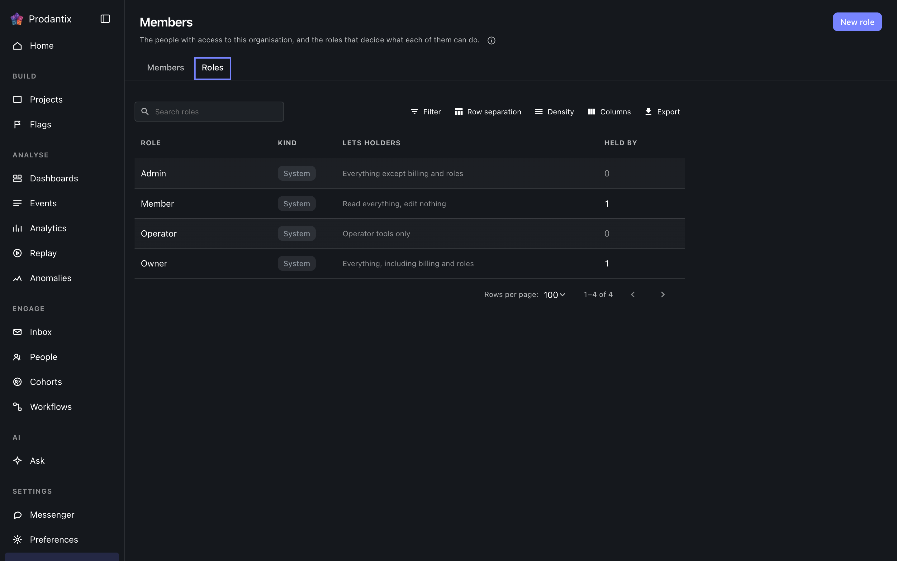 The roles tab, dark theme