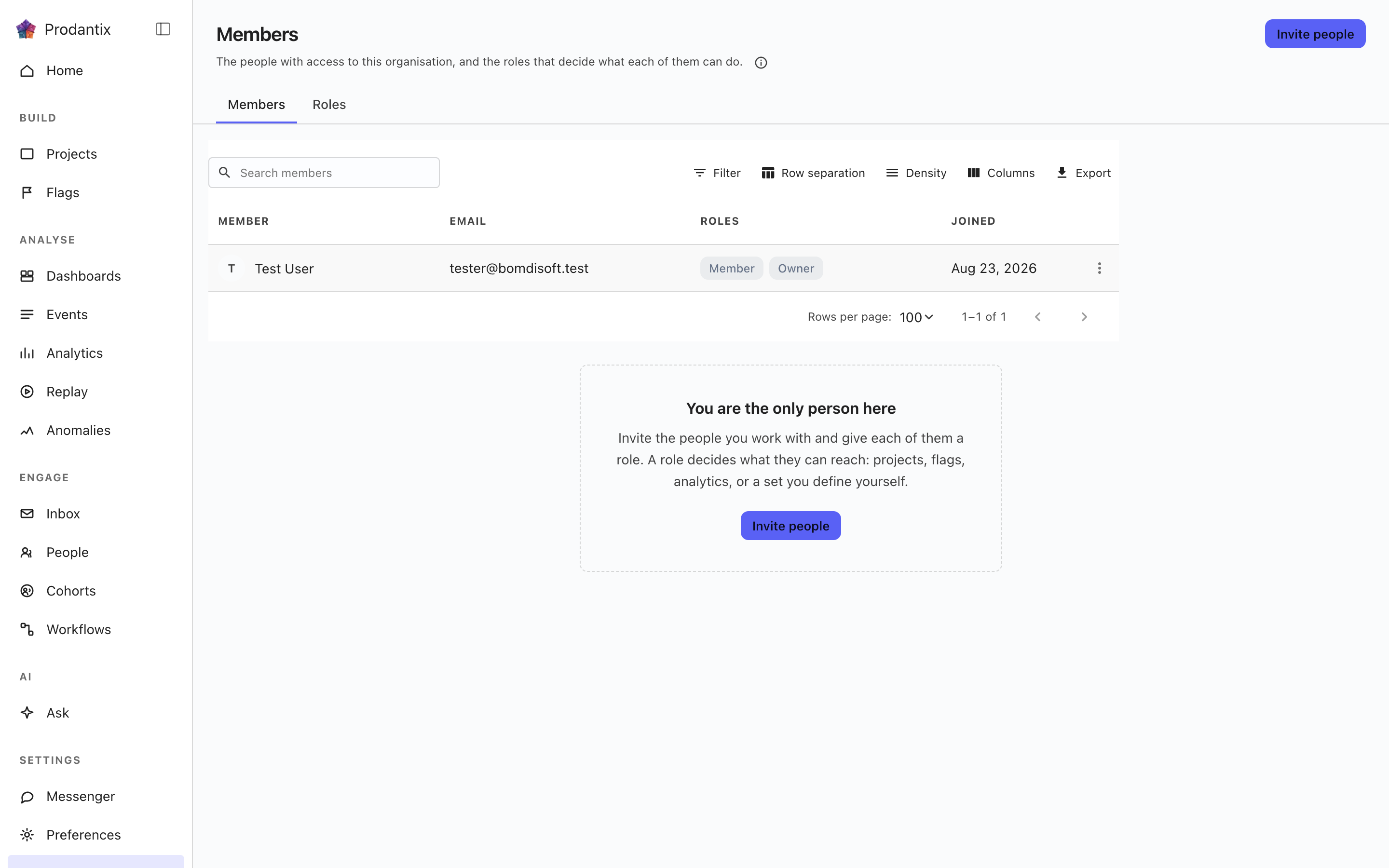 The members screen, Users tab