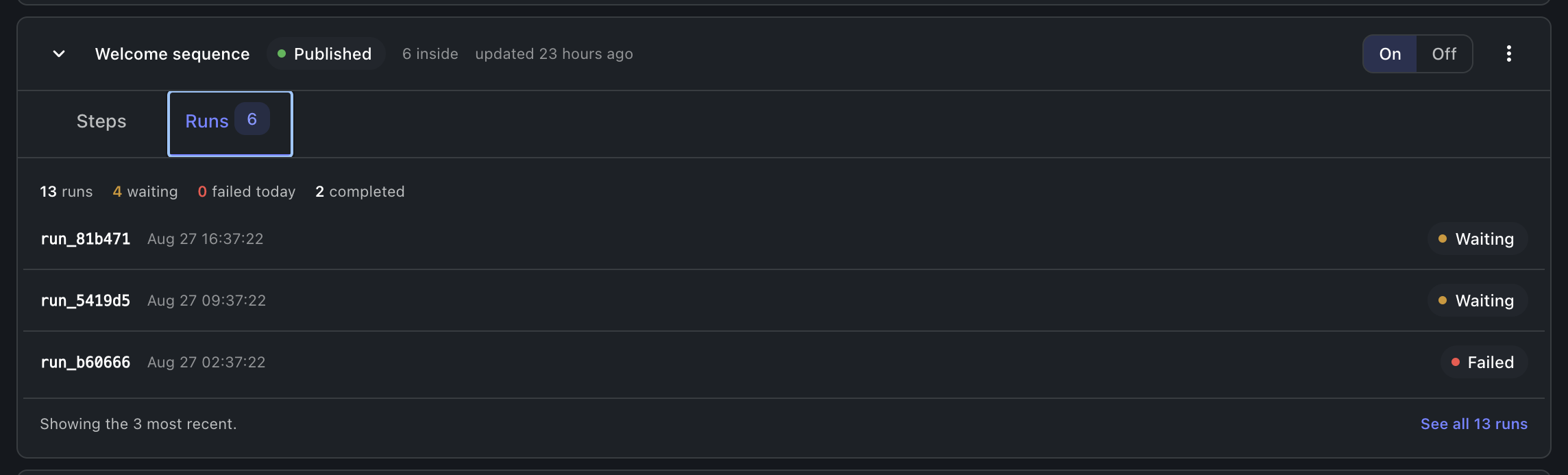 The runs tab of a workflow, dark theme