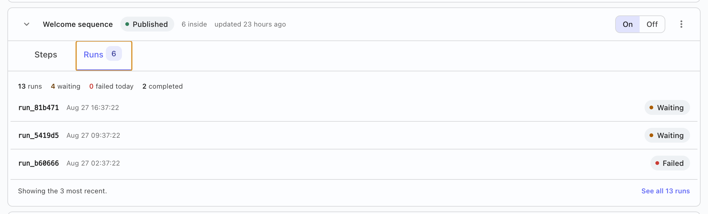 The runs tab of a workflow