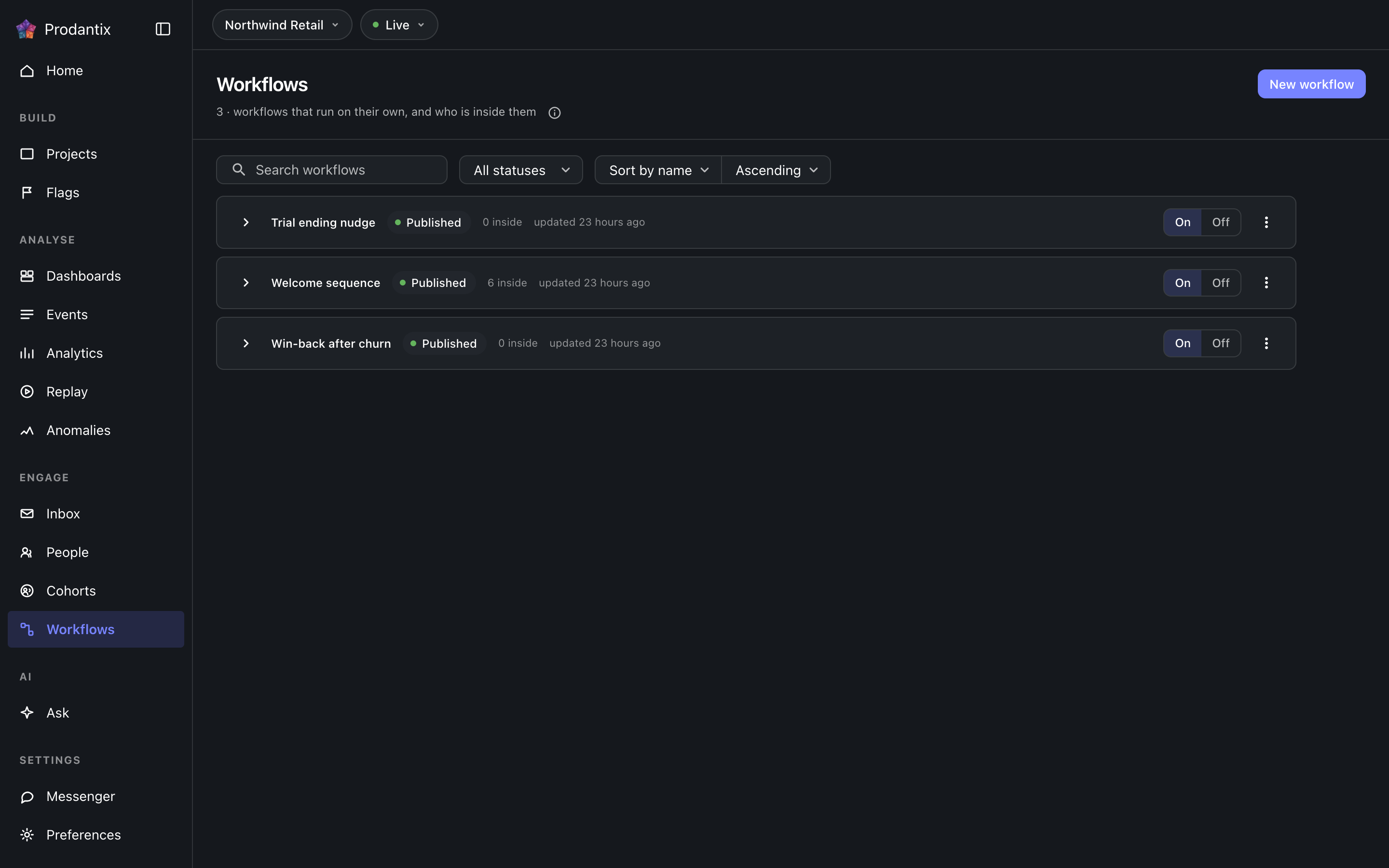 The workflows screen in the Live environment, dark theme