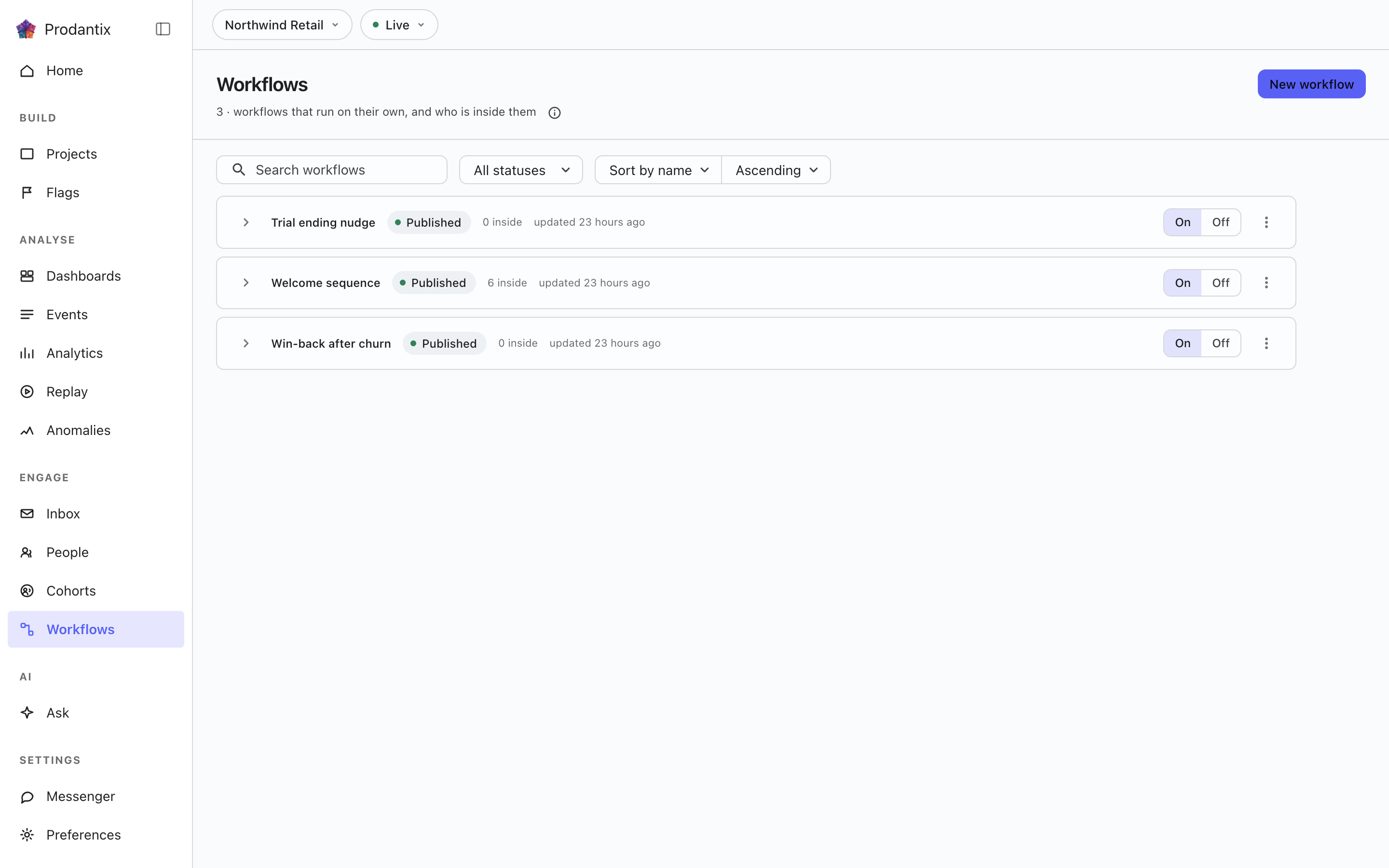 The workflows screen in the Live environment