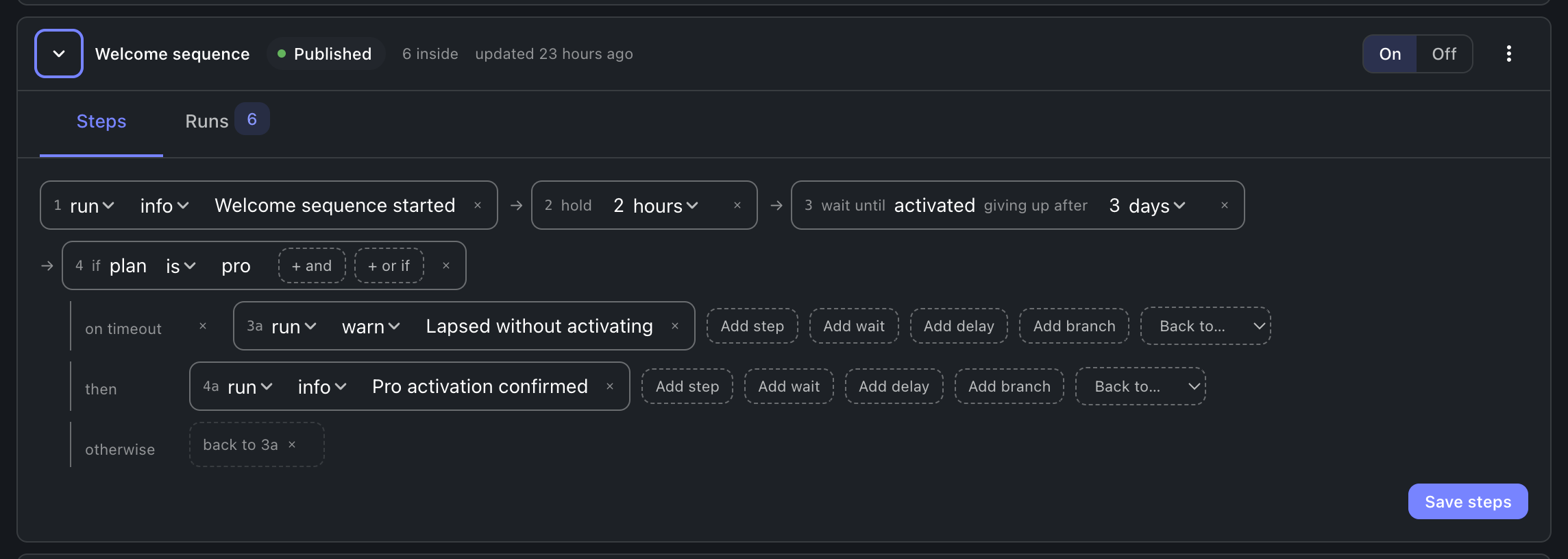 A workflow opened to its steps, dark theme